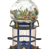A NORTH EUROPEAN PARCEL-GILT BLUE TOLE-PEINTE AND GILT-LEAD BIRDCAGE AND POLYCHROME-DECORATED GLASS FISH BOWL - photo 1