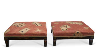 A PAIR OF BLACK AND GILT-JAPANNED FOOTSTOOLS