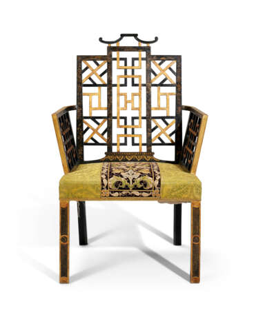 A PAIR OF GEORGE II BLACK-JAPANNED AND PARCEL-GILT ARMCHAIRS - фото 8