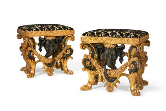 A PAIR OF GEORGE II EBONIZED AND PARCEL-GILT STOOLS - фото 1