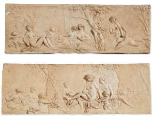 A PAIR OF RECTANGULAR TERRACOTTA PREPARATORY RELIEFS FOR THE SALLE DE BAINS OF THE H&#212;TEL DE BESENVAL: ONE DEPICTING CUPID AND VENUS, SALMACIS AND HERMAPHRODITE AND LEDA AND THE SWAN AND THE OTHER DEPICTING THE BATH OF VENUS