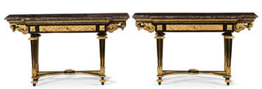 A PAIR OF LATE LOUIS XV ORMOLU-MOUNTED EBONY CONSOLE TABLES