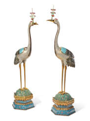 A PAIR OF MASSIVE CHINESE CLOISONN&#201; AND CHAMPLEV&#201; ENAMEL CRANE-FORM CENSERS
