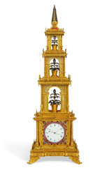A GEORGE III ORMOLU, ENAMEL AND PASTE-SET MUSICAL AND AUTOMATON TOWER CLOCK, PROBABLY MADE FOR THE CHINESE MARKET