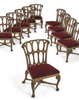 A SET OF TEN GEORGE II MAHOGANY AND PARCEL-GILT DINING CHAIRS