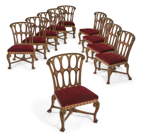 A SET OF TEN GEORGE II MAHOGANY AND PARCEL-GILT DINING CHAIRS - фото 1