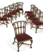 Benjamin Goodison (1700-1767). A SET OF TEN GEORGE II MAHOGANY AND PARCEL-GILT DINING CHAIRS