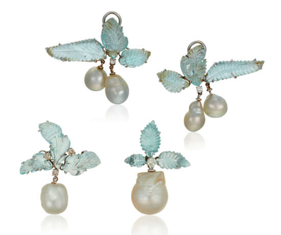 SET OF AQUAMARINE, CULTURED PEARL AND DIAMOND JEWELRY - фото 1