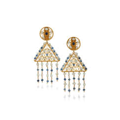 ILIAS LALAOUNIS SEED PEARL, SAPPHIRE AND GOLD EARRINGS
