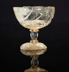 AN ENAMELLED GOLD MOUNTED ROCK CRYSTAL TAZZA