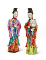 TWO CHINESE EXPORT PORCELAIN COURT LADY CANDLEHOLDERS
