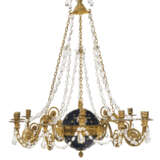 A DIRECTOIRE STYLE CUT-GLASS-MOUNTED ORMOLU AND BLUE-DECORATED TWELVE-LIGHT CHANDELIER - photo 1