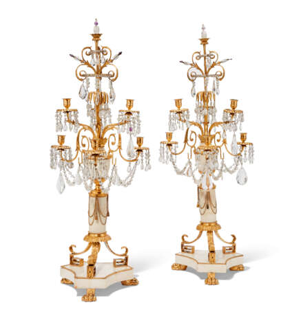 A PAIR OF NORTH EUROPEAN CUT-GLASS-MOUNTED ORMOLU AND WHITE MARBLE SIX-LIGHT CANDELABRA - photo 1