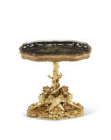 AN EARLY VICTORIAN PAPIER-MACHÉ TRAY ON A GILTWOOD STAND