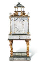 A GERMAN ENGRAVED GLASS AND PARCEL-GILT CABINET-ON-STAND