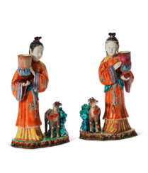 A PAIR OF CHINESE EXPORT PORCELAIN LADY AND DEER CANDLEHOLDERS