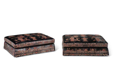 TWO CHINESE SILK AND METALLIC CUT-VELVET-UPHOLSTERED OTTOMANS