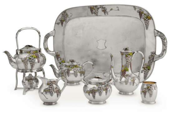 A JAPANESE EXPORT SILVER AND ENAMEL SIX-PIECE TEA AND COFFEE SERVICE AND MATCHING TRAY - photo 1