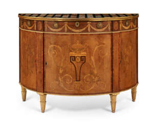 AN ENGLISH MAPLE, AMARANTH, SYCAMORE AND TULIPWOOD MARQUETRY COMMODE