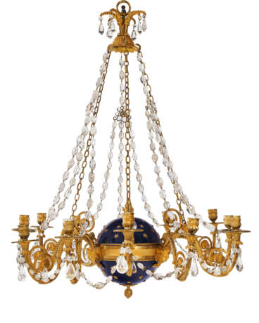 A DIRECTOIRE CUT-GLASS-MOUNTED ORMOLU AND ENAMELED TWELVE-LIGHT CHANDELIER - фото 1