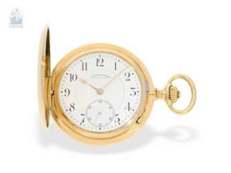 Taschenuhr: schwere A. Lange & Söhne Glashütte Goldsavonnette im wenig benutzten Erhaltungszustand, Qualität 1A, Glashütte 1915, mit Stammbuchauszug