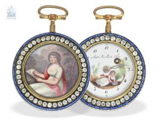 Taschenuhr: große, außergewöhnliche Emaille-Spindeluhr mit Steinbesatz, Antoine Moillet & Cie, Geneve No.18482, ca.1790