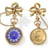 Anhängeuhr: äußerst attraktive Le Coultre Damenuhr mit Perlen- und Diamantbesatz und dazugehöriger Brosche & Originalbox, Schweiz um 1900 - Foto 1