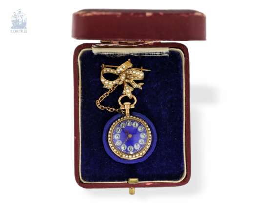 Anhängeuhr: äußerst attraktive Le Coultre Damenuhr mit Perlen- und Diamantbesatz und dazugehöriger Brosche & Originalbox, Schweiz um 1900 - photo 4