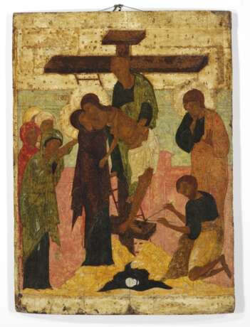 Novgorod School, 16th century: A highly important Russian church icon depicting The Descent from the Cross. Depth 26 mm. 90.5×66 cm. - photo 1