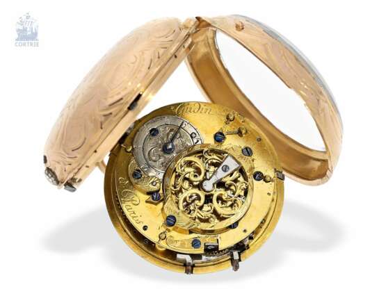Taschenuhr: äußerst seltene, möglicherweise einzigartige französische Spindeluhr mit Repetition à toc et à tac und Sonderzifferblatt mit geschriebenen Stunden, bedeutender Uhrmacher, Jaques Jerome Gudin Paris 1732-1789 - photo 7