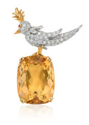 TIFFANY & CO., JEAN SCHLUMBERGER CITRINE, DIAMOND AND RUBY 'BIRD ON A ROCK' BROOCH