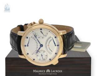Armbanduhr: hochwertige Herrenuhr, Maurice Lacroix "MASTERPIECE DOUBLE RETROGRADE GMT" Ref. MP7018, 18K Roségold, neuwertig mit Box, Papieren und Originaletikett