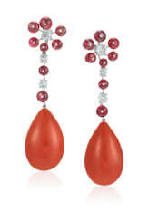 TAFFIN CORAL, RUBY AND DIAMOND EARRINGS