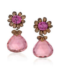 NO RESERVE | TAFFIN COLORED SAPPHIRE, COLORED DIAMOND AND PINK TOURMALINE EARRINGS