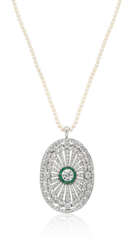NO RESERVE | DIAMOND AND EMERALD PENDANT WITH CULTURED PEARL NECKLACE