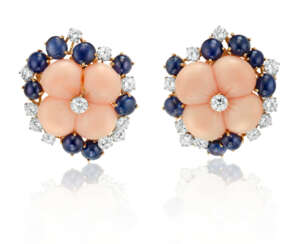 NO RESERVE | CORAL, DIAMOND AND SAPPHIRE FLOWER EARRINGS