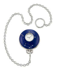 CARTIER LAPIS LAZULI AND GOLD MYSTERY POCKET WATCH AND PLATINUM WATCH CHAIN