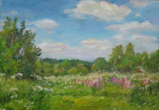Цветущее поле в июне Canvas on cardboard Oil paint Realism Rural landscape Russia 2022 - photo 1