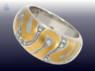 Ring: moderner, ungetragener und ausgefallener Goldschmiedering in Bicolor mit Brillantbesatz, Handarbeit, 950er Platin