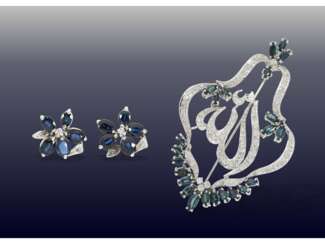 Brosche/Anhänger/Ohrschmuck: große und äußerst dekorative vintage Saphir/Diamant-Brosche mit passendem Ohrschmuck