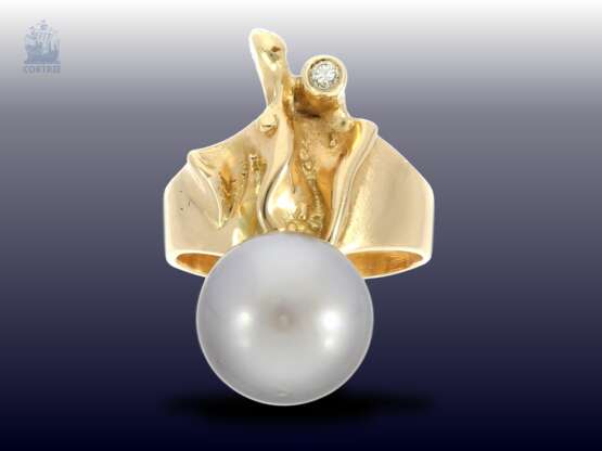 Ring: moderner Designer-Goldschmiedering mit feiner Tahitiperle und Brillantbesatz, NP lt. Vorbesitzerin ca.1500€ - фото 1