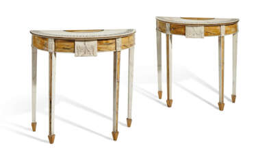 A PAIR OF WHITE AND SIENA MARBLE DEMI-LUNE TABLES