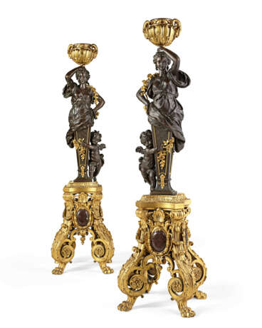 A LARGE PAIR OF FRENCH ORMOLU, PATINATED BRONZE AND ROUGE GRIOTTE MARBLE FIGURAL TORCHERES - фото 1