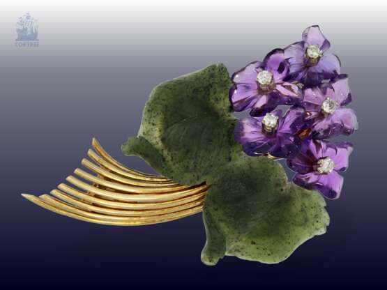 Brosche: besonders große und aufwändige "Veilchenbrosche" mit 5 Blüten und kleinen Brillanten, vermutlich um 1950 - Foto 1