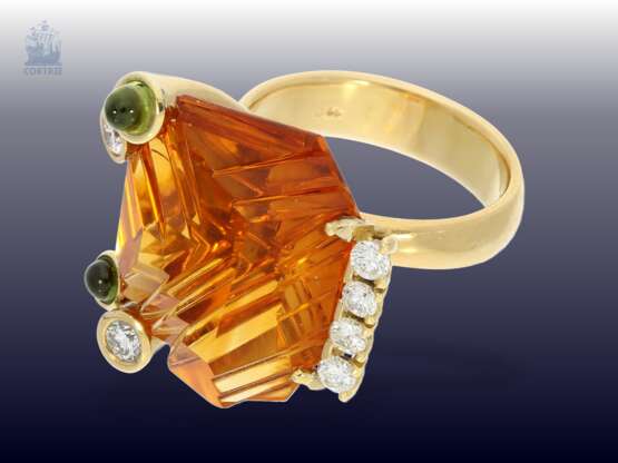 Ring: exklusiver Designer-Goldschmiedering mit großem, leuchtendem Madeira-Citrin,Turmaline und Brillanten, moderne Handarbeit aus 18K Gold - фото 1
