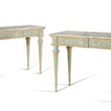 A PAIR OF SOUTHERN EUROPEAN BLUE, OCHRE AND WHITE-PAINTED CONSOLE TABLES - photo 1