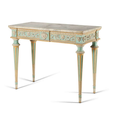 A PAIR OF SOUTHERN EUROPEAN BLUE, OCHRE AND WHITE-PAINTED CONSOLE TABLES - фото 2