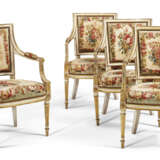A SET OF FOUR GEORGE III WHITE-PAINTED AND PARCEL-GILT OPEN ARMCHAIRS FROM HOUGHTON HALL - фото 1