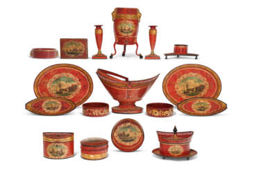 AN ASSEMBLED GROUP OF NORTH EUROPEAN POLYCHROME-DECORATED TOLE-PEINTE TABLEWARES