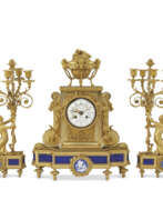 Céramique de jaspe. A FRENCH ORMOLU AND JASPERWARE THREE-PIECE CLOCK GARNITURE